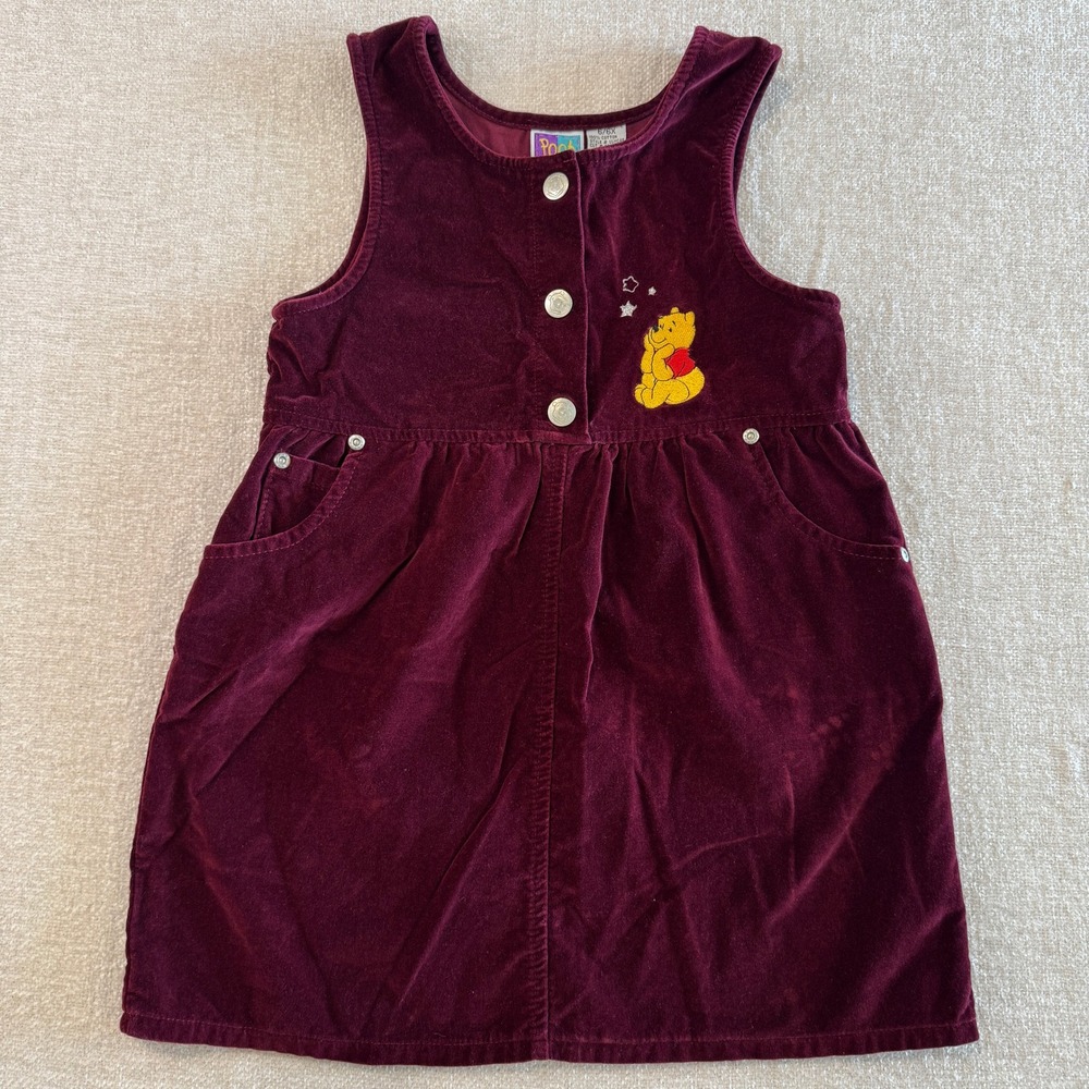 Vintage Pooh Winnie the Pooh Burgundy Velvet Jumper Dress‎ Girls 6/6X EUC